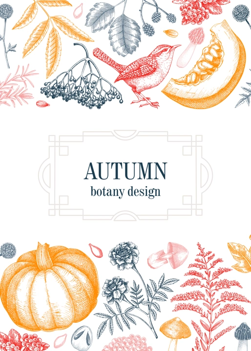 Vintage autumn frame design. Thanksgiving background. Fall leaves, pumpkins, berries, mushrooms sketches. Hand-drawn vector illustration. NOT AI generated
